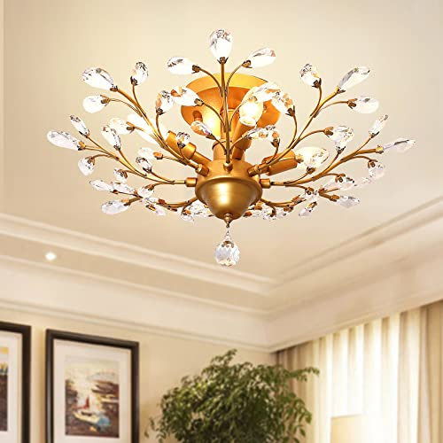 Ganeed Vintage K9 Clear Crystal Chandeliers Ceiling Lighting Pendant Lighting Flush Mounted Fixture for Living Room Dinning Room Restaurant Porch Hallway Gold 4 Lights