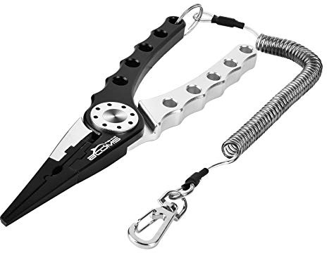 Booms Fishing X01 Aluminum Saltwater Pliers, Surf Fishing Tackle Kit, Multitool Hook Remover, Braided Line Cutter, Split Ring Pliers, Coiled Lanyard and Sheath