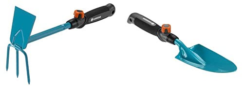 Gardena combisystem Hand Hoe: Three-toothed double hoe for loosening/aerating soil and weeding, 6.5 cm working width, ergonomic handle, corrosion protection & 08929-20, combisystem Hand Trowel, 8.5cm