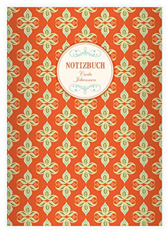 8 personalisierte Edle Vintage DIN A5 Schulhefte, Schreibhefte mit dekorativem, floralem Paisley, orange Lineatur 6 (blanko Heft 16 Blatt/32 Seiten) Notizheft, Kladde für Schule, Büro