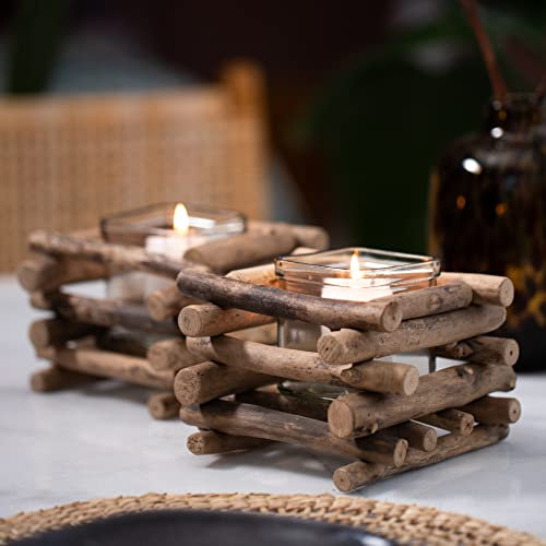Gadgy Teelichthalter Holz | 2er Set Treibholz Deko | Tischdeko Wohnzimmer | Windlicht Herbst | Kerzenhalter Holz | Deko Fensterbank | Esstisch Deko | Teelichthalter Herbst | Rustikale Deko