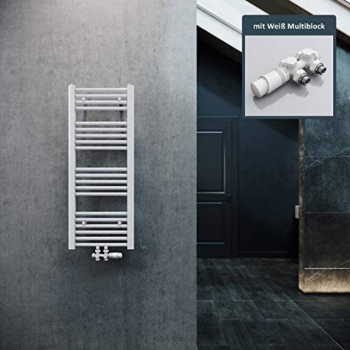 ELEGANT Radiatore per Bagno 1000x400mm Bianco Radiatore per Bagno con Collegamento Centrale Radiatore per Asciugamani Scaldasalviette con Termostato Multiblock Bianco