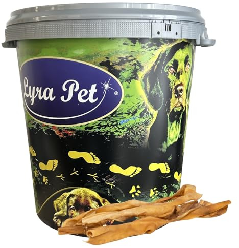 Lyra Pet® 2 x 10 Rinderkopfhautstangen ca. 50 cm Hundefutter Kaustange Kauknochen Rohleder Rind Kauartikel Snack + 30 L Tonne