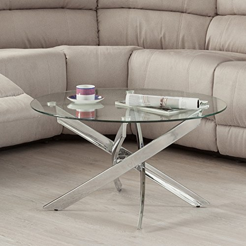 Homely® | Mesa de Centro Redonda Dalila Cromo| Diseño Patas entrelazadas de 80 cm. Alto 40 cm. | Cristal Templado 8 mm. y Patas Metal Acero | Mesa Auxiliar Moderna de salón, despacho, Dormitorio