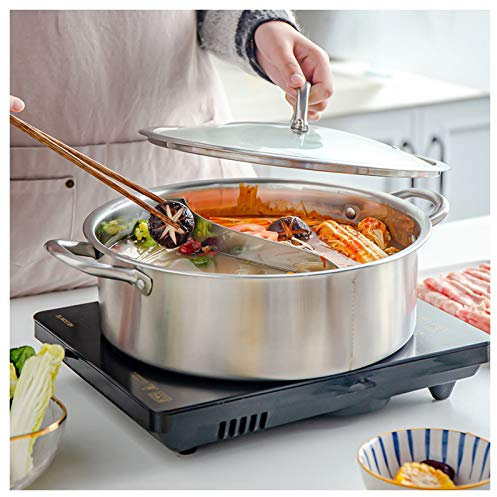 Hot Pot Dining Cookware Cooker - 304 Stainless Steel Cooking Hot Pot with Tempered Glass Cover for Induction Cooktop Gas Stove,32CM
