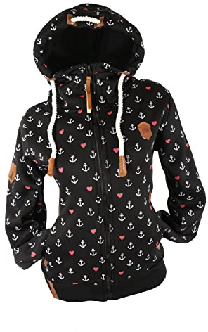xy Damen Sweat Jacke Hoodie Kapuze Fleece gefüttert Übergangsjacke Herz (Schwarz, XL)