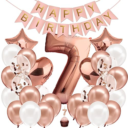 envami® Geburtstagsdeko Mädchen Rosegold Zahl 7. Happy Birthday Deko Geburtstag Mädchen Folienballon 7 Luftballon 7. Geburtstag Kindergeburtstag Deko