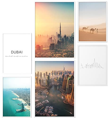 Papierschmiede® Mood Poster Set Dubai, Fertiges Bilder Set mit Rahmen (Holz, weiß), Wohnzimmer Deko Schlafzimmer, 2x DIN A4 und 4x DIN A5, Arabische Emirate Skyline