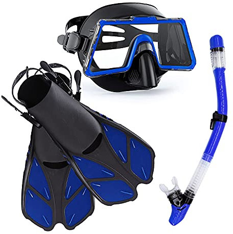 HGYJ Schnorchelpakete für Erwachsene, zusammenklappbarer vollständig trockener Schnorchel mit großer Verschiebung + verstellbare Flossen + HD-Silikon-Tauchmaske, zum Tauchen,Blue,L/XL