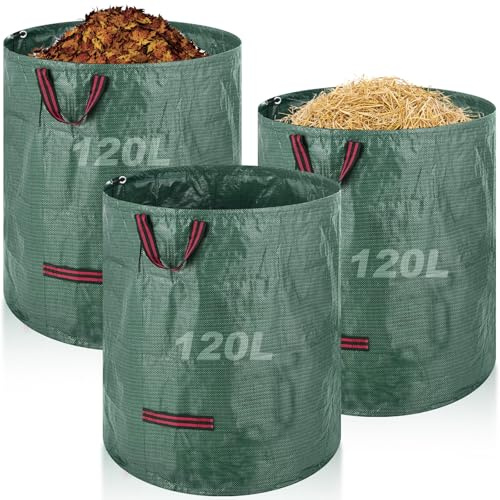Gartenabfallsäcke, 3X 120L Gartenabfallsack Stabil, faltbare grüne Abfallsäcke mit Griffen, wiederverwendbare wasserdichte Laubsäcke für Gartenabfälle Grasklammern Unkraut