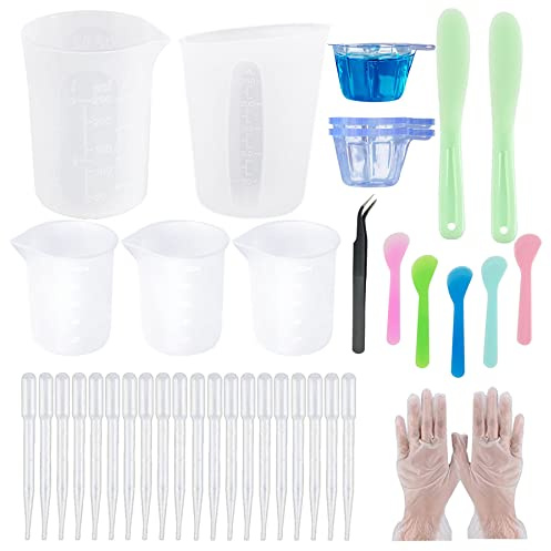 NA Woohome 58 Pz Misurino in Silicone Bicchieri 3 Stile Tazze di Miscelazione in Silicone per Resina, Pinzette, Guanti, Bastoncini in Silicone per Resina Artigianale fatta a Mano, Stampi per Colata