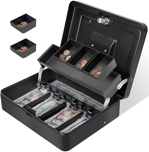 Sgorlds Cash Box Key Lock on Top, 11.8L x 9.5W x 3.5H Inches, Black Metal Money Box with Tray,Tiered Locking Cash Boxes,Durable Lock Safe Box with Key,4 Bill / 5 Coin Slots,Large