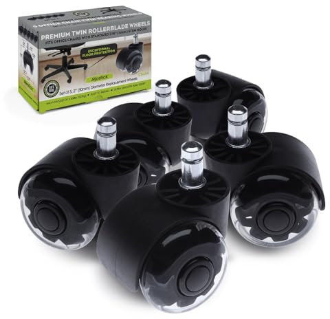 Slipstick Premium Rubber Office Chair Caster Wheel Replacements (Set of 5) for All Hard Surface Floors and Carpet, Heavy Duty 2 Inch Twin Rollerblade Chair Wheels with Universal Fit 7/16” Stem, CB684