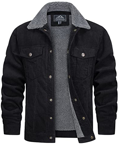 TACVASEN Veste Cargo en Coton pour Homme Coupe-Vent pour L'Extérieur pour le Travail la Pêche en Velours Côtelé Noir,M