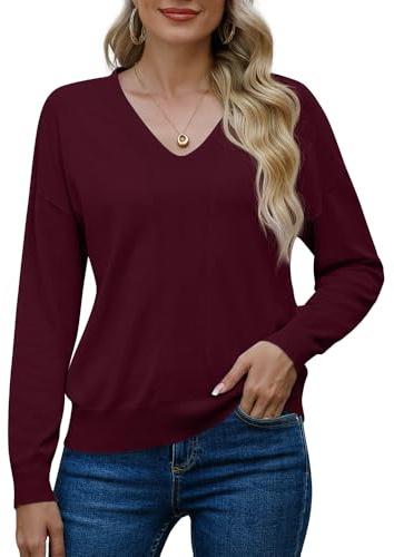 PrinStory Womens V Neck Jumpers Knit Long Sleeve Tops For Ladies Solid Color Sweatshirts