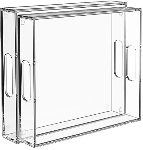 Collwait 2 Pack Serving Tray with Handles, Clear Acrylic Tray for Serving Food, Large Outdoor Food Trays for Eating, Lucite Acrylic Trays for Appetizer, Pizza, Fruit and Drinks, Unbreakable, 16×12