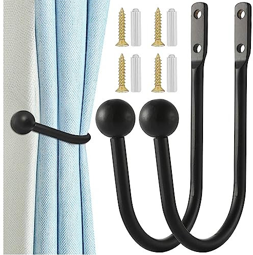FANNAS 2 Pezzi Metal Tenda Ganci Fermatende Moderni Gancio,Fibbia in Tieback per Tende, Ganci Fermatende a U in Metallo per Tende Moderne, Metal Holdback Arms Parete Gancio Tenda U Metal (Nero)