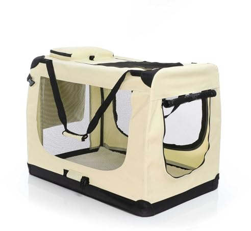 Fudajo Faltbare Transportbox für Hunde, Katzen XXXL (101x68x70cm), robust, leicht, sicher, Hundebox mit Tragegriff und Decke, Beige