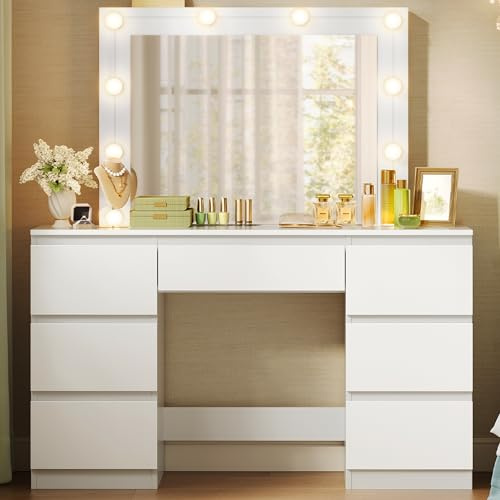 WOLTU Toeletta da Trucco, con Specchio e Luci LED, Luminosità Regolabile, Tavolo da Trucco, con 7 Cassetti, Postazione Make Up, 107x39,5x140,5cm, Cassettiera in Legno, Bianco, MB6099ws