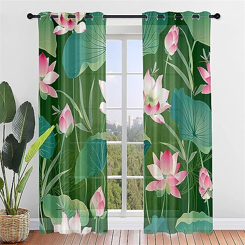 Hiseng Voile Vorhänge mit Ösen Durchsichtig Lotus Blume Halbtransparent Ösenvorhang für Fenster Wohnzimmer Schlafzimmer Elegant Transparent Gardine 2er Set (140x244cm,Lotus Blatt)