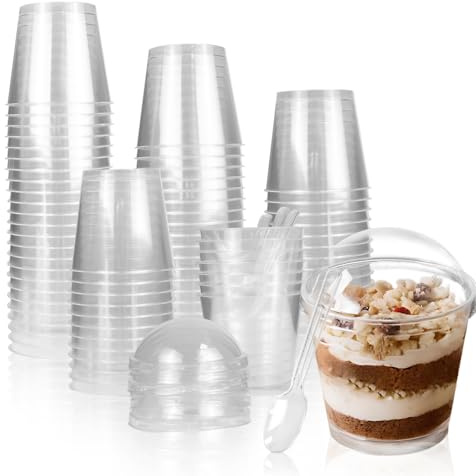 LIUCONGBD 50 stycken dessertglas i plast med 50 stycken lock och skedar, runda dessertkoppar, återanvändbara dessertkoppar för mousse, pudding, glass, festpicknick (200 ml)
