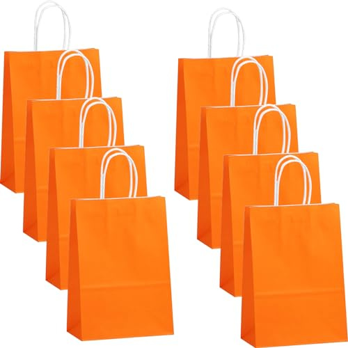 POPOYU 30 Pièces Petits Sacs Cadeaux avec Poignées, Orange Sacs en Papier 15x8x21cm Kraft Recyclable, Sacs Cadeaux pour Fête d'enfants, Prénatale, Anniversaire, Mariage, Bonbons de Noël