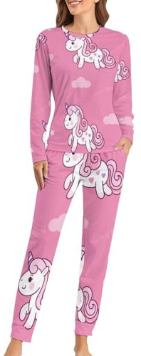 UMENG Rosa Einhorn Damen Schlafanzug Lange Pyjama Set Zweiteiliger Nachtwäsche Langarm Hausanzug Sleepwear