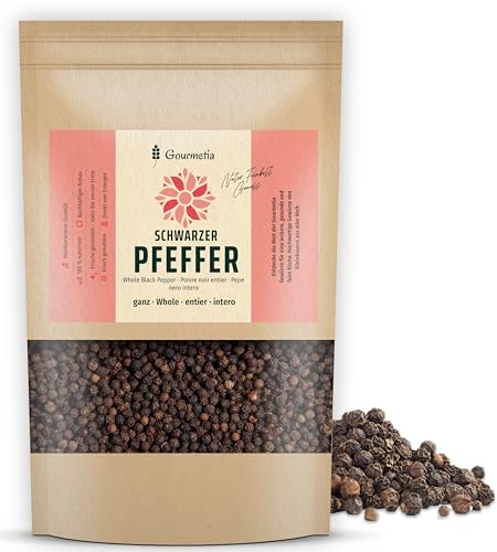 Gourmetia® schwarzer Pfeffer ganz (900g), frische aromatische Premium Pfefferkörner für die Mühle - 100% naturbelassen