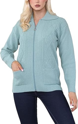 Womens Zipped Cable Knit Long Sleeve Collar Cardigan, Ladies Classic Chunky Winter Knitwear Zip Through Fasten with Pockets Pullover Jumper Top Zipper UK Plus Size 8-22