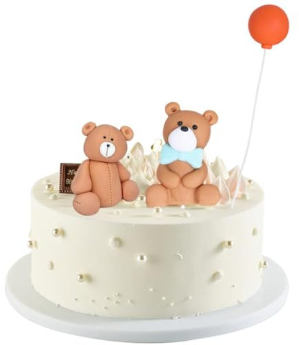 Teddy Bears Cake Topper 2pcs Soft Clay Teddy Brown Bear Birthday Cake Topper Balloon Bear Cake Topper Brown Resin Little Figurine Doll for Baby shower Anniversary Birthday Party Cake Decoration