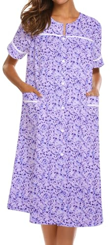 Ekouaer Vestido de casa para mujer con bolsillos, con botones, abrigo de manga corta, vestido de patio, camisón S-XXXL, Púrpura (Purple Dots), XXXL