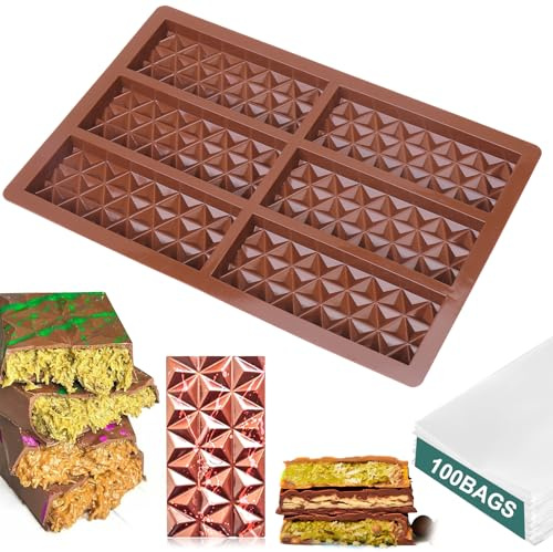 Mity rain Chocolate Bar Mold - Deep Chocolate Bar Pistachio, Knafeh Pistachio Chocolate Bar Thick Silicone Tray, Diamond Candy Mould with 100PCS Clear Cellophane Bags