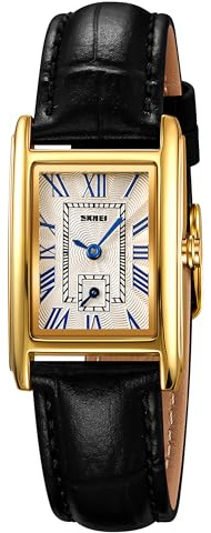 FANMIS Vintage Women's Rectangle Wristwatch Classic Ladies Analog Quartz Watches Ultra-Thin Ladies Bangle Bracelet Watch Female Business Dress Watch with Leather Strap (Black Gold)
