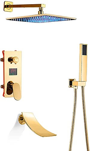 DRFGNF LED Shower System with Digital Display Golden Shower Faucet Set with Waterfall Tub Spout Rain Mixer Shower Combo Set with Rainfall Shower Head System with Handheld Shower Set,8 inc