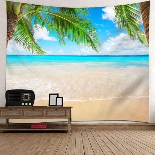 Wandteppich Strand Palmen, 210x140cm Palmenblätter, Meer, Strandlandschaft Wandbehang Wandteppich für Meditation Schlafzimmer Wohnzimmer Schlafsaal | Blau Grün Khaki