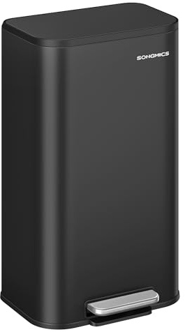 SONGMICS Kitchen Bin, Steel Trash Bin, Soft-Close Lid, 30 L | Stays Open, Inner Bucket, Wide Non-Slip Pedal, Ink Black, LTB546B01