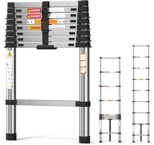 2.59M Straight Ladder 8.7FT Extendable Ladder Steel Telescoping Ladder Portable Step Ladders Max Load 150KG Capacity, More Sturdy and Durable than other