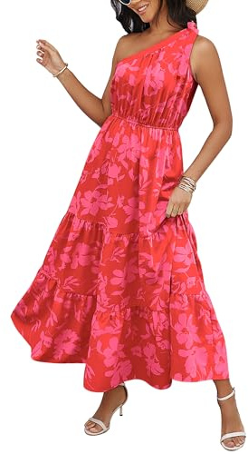 Awemeal Sommerkleid Damen Lang Blumen Kleid Knoten Eine Schulter Maxikleid Sommer Boho Rüschen Saum Fließend Strandkleid (M, Rot Blumen)