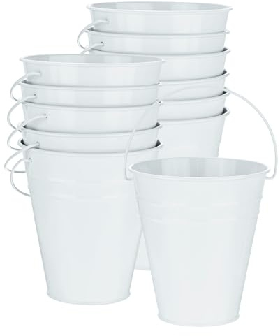 M METERXITY 12-Pack Small Metal Bucket with Handle, 4.7x5.1 Inch/12x13cm Galvanized Buckets Small Metal Pails with Handle for Flower/Garden/Planter [White]