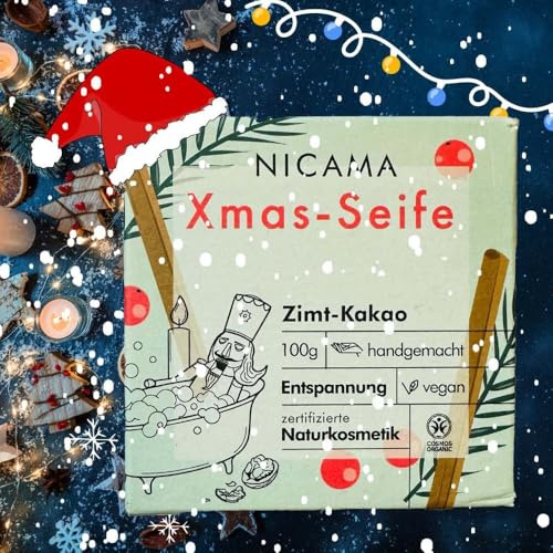 Nicama - Duschseife Xmas-Seife - Zimt-Kakao, zum „Reinbeißen“ – 100g - Natur-seife ohne Plastik, Vegan, Palmölfrei, Tierversuchsfrei