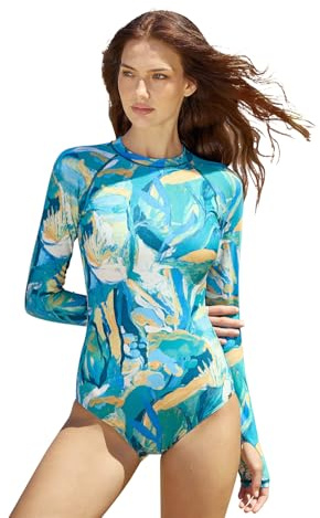 AXESEA Langärmeliger Rashguard-Badeanzug für Damen, UV-Schutzfaktor 50+, Sonnenschutz, bedruckt, Reißverschluss, Surfen, einteiliger Badeanzug, 36