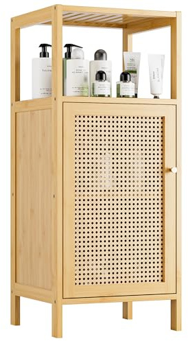 vovala Bambus-Bodenunterschrank, Badezimmer-Aufbewahrungsregal mit Einer Rattantür und 1 Einlegeboden, Kleiner Holz-Seitenschrank für den Eingangsbereich, Waschküche, Küche, Wohnzimmer (Natur)
