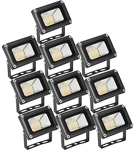 Lot de 10 projecteurs LED 10 W - 12 24 V - Étanche IP65 - Éclairage de sécurité super lumineux - Blanc chaud - Pour extérieur, cour, jardin, terrasse, parc, étang