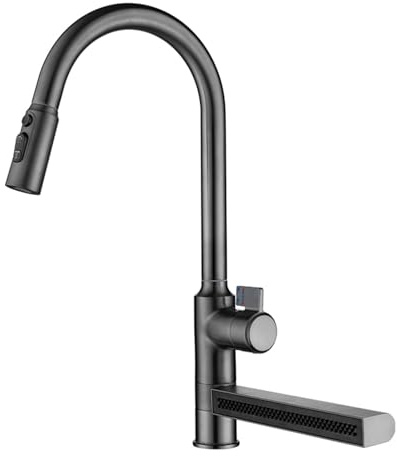XJTNLB Spülenarmatur Ausziehbar Wasserfall Armatur Küche Grau mit 2 Wasserstrahlarten Einhebel Wasserhahn Messing