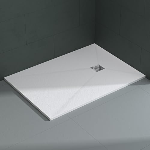 Mai & Mai Receveur de Douche 100x140x3cm Bac à Douche Blanc Mat en Résine Raccords DIN Rectangulaire Design Geo09 Avec Bonde