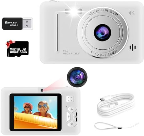 Kids Digital Camera, Dual-Lens Autofocus UHD 4K 48MP Vlogging Camera for Kids with 32GB TF Card, Compact Kids Camera, 8X Zoom, 2.7'' IPS Screen, Anti-Shake (White)