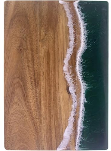 Ymxygz 1pc Wood Cutting Board Resin Rectangle with Wave Pattern Ocean Wooden Spliced Board for Gift Vegetable Meat Fruit, Kitchen Meal Prep Serving Tray