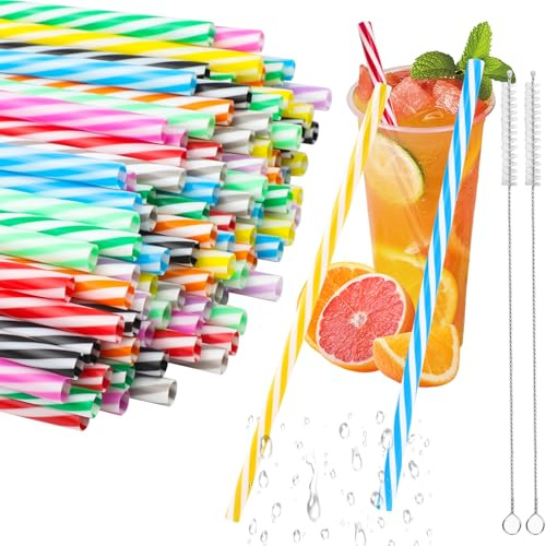 100 Wiederverwendbare Strohhalme, Farbige Trinkhalme | 21cm, BPA-Frei, 8 Farben, Wiederverwendbar, Heiß & Kalt Geeignet, Strohhalme Plastik für Cocktails und Fruchtsäfte