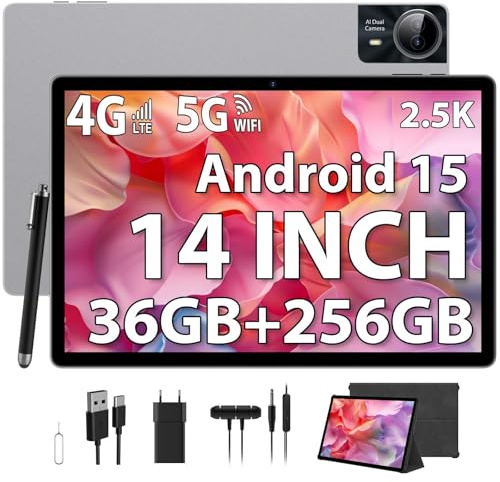 PIXGOOD 2.5K Android 15 Tableta 14 Pulgadas, 4G Lte/5G WiFi, INCELL 2240x1400, 11580mAh, 36GB RAM, 256GB ROM (Extensión 2TB), Octa-Core, 13MP+8MP, Tablet con Custodia/Auricular/GPS/Bluet 5.0(Sliver)