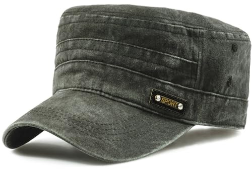 MESU Cappelli militari unisex in cotone lavato, cappellini da esercito cadetto vintage con parte superiore piatta, a verde, Taglia unica